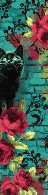 Cat bookmarks featuring a standing black cat on teal and red